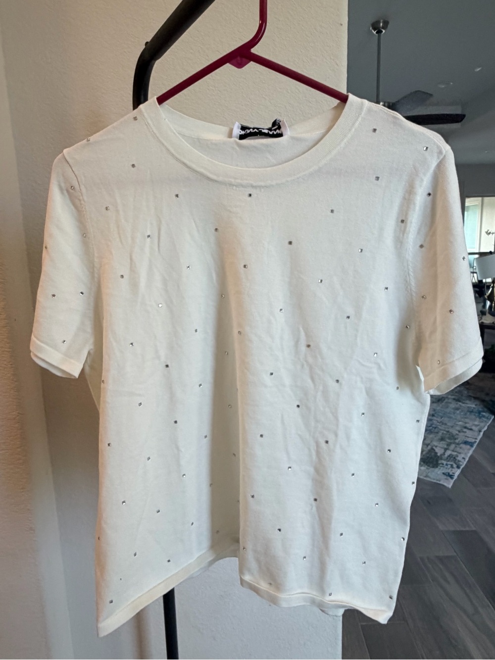 DKNY White Short Sleeve Tee with Tiny Silver Studs L